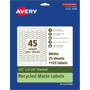 image:imageAvery EcoFriendly Matte White Recycled Barbell Labels 05 x 25 Matte White Labels Permanent Adhesive LaserInkjet Printable 450 Total5 X 25