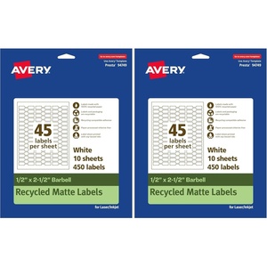 image:imageAvery EcoFriendly Matte White Recycled Barbell Labels 05 x 25 Matte White Labels Permanent Adhesive LaserInkjet Printable 450 Total5 X 25 Pack of 2