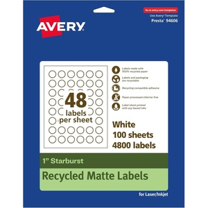image:imageAvery EcoFriendly Matte White Recycled Starburst Labels 1 PrinttoTheEdge Matte White Labels Permanent Adhesive LaserInkjet Printable 480 Total4 800 labels
