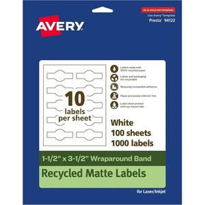 image:imageAvery EcoFriendly Recycled Wraparound Band Labels 15 x 35 Cigar Band Labels Matte White Permanent Adhesive PrinttoTheEdge LaserInkjet Printable 100 Total1 000 labels