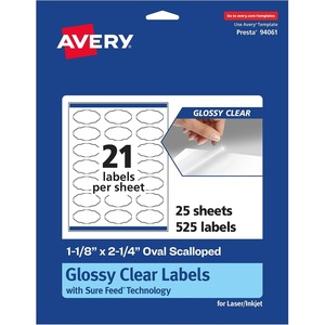 image:imageAvery Glossy Clear Oval Scalloped Labels Sure Feed Technology 118 x 214 525 Glossy Clear Labels PrintToTheEdge LaserInkjet Printable525 labels