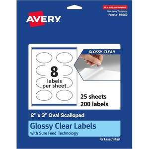 image:imageAvery Glossy Clear Oval Scalloped Labels Sure Feed Technology 2 x 3 80 Glossy Clear Labels PrinttoTheEdge LaserInkjet Printable200 labels