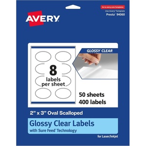 image:imageAvery Glossy Clear Oval Scalloped Labels Sure Feed Technology 2 x 3 80 Glossy Clear Labels PrinttoTheEdge LaserInkjet Printable400 labels