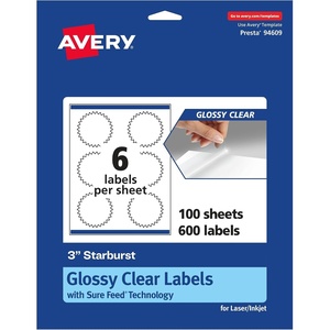 image:imageAvery Glossy Clear Starburst Labels Sure Feed Technology 3 150 Glossy Clear Labels PrinttoTheEdge LaserInkjet Printable600 labels