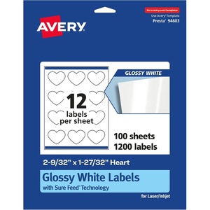 image:imageAvery Glossy White Heart Labels Sure Feed Technology 2932 x 12732 120 Glossy White Labels PrinttoTheEdge Permanent Adhesive LaserInkjet Printable1 200 labels
