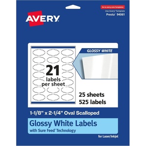 image:imageAvery Glossy White Oval Scalloped Labels Sure Feed Technology 118 x 214 210 Glossy White Labels PrinttoTheEdge Permanent Adhesive LaserInkjet Printable525 labels