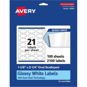 image:imageAvery Glossy White Oval Scalloped Labels Sure Feed Technology 118 x 214 210 Glossy White Labels PrinttoTheEdge Permanent Adhesive LaserInkjet Printable2 100 labels