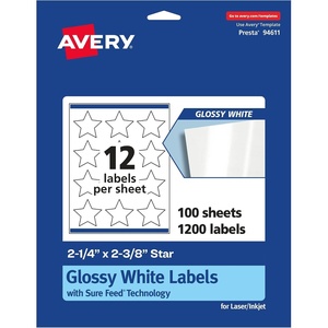 image:imageAvery Glossy White Star Labels Sure Feed Technology 214 x 238 300 Glossy White Labels PrinttoTheEdge Permanent Adhesive LaserInkjet Printable1 200 labels