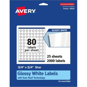 image:imageAvery Glossy White Star Labels Sure Feed Technology 34 x 34 800 Glossy White Labels PrinttoTheEdge Permanent Adhesive LaserInkjet Printable2 000 labels