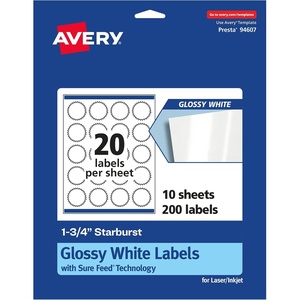 image:imageAvery Glossy White Starburst Labels Sure Feed Technology 175 200 Glossy White Labels PrinttoTheEdge Permanent Adhesive LaserInkjet Printable200 labels