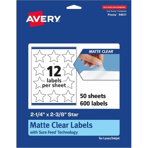 image:imageAvery Matte Clear Star Labels Sure Feed Technology 214 x 238 300 Matte Clear Labels PrinttoTheEdge LaserInkjet Printable600 labels