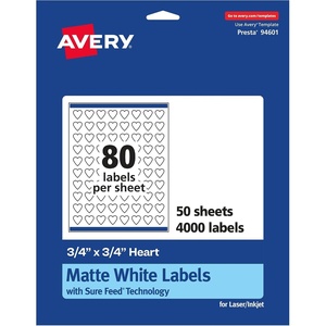 image:imageAvery Matte White Heart Labels Sure Feed Technology 075 x 075 2000 Matte White Printable Labels4 000 Labels