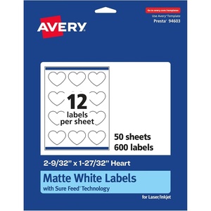 image:imageAvery Matte White Heart Labels Sure Feed Technology 2932 x 12732 300 Matte White Printable Labels600 Labels