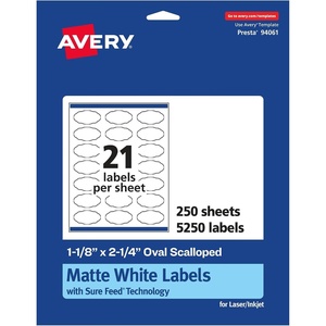 image:imageAvery Matte White Oval Scalloped Labels Sure Feed Technology 118 x 214 525 Matte White Printable Labels5 250 Labels