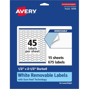 image:imageAvery Matte White Removable Barbell Labels Sure Feed Technology 05 x 25 675 Removable Labels LaserInkjet Printable675 labels