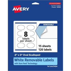 image:imageAvery Matte White Removable Oval Scalloped Labels Sure Feed Technology PrinttoTheEdge 2 x 3 120 Removable Labels LaserInkjet Printable120 labels