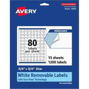 image:imageAvery Matte White Removable Star Labels Sure Feed Technology PrinttoTheEdge 075 x 075 1200 Removable Labels LaserInkjet Printable1 200 labels