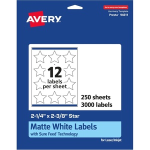 image:imageAvery Matte White Star Labels Sure Feed Technology 214 x 238 300 Matte White Printable Labels3 000 labels
