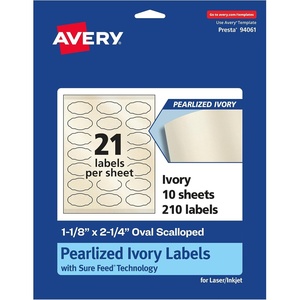 image:imageAvery Pearlized Ivory Oval Scalloped Labels Sure Feed Technology PrinttoTheEdge 118 x 214 210 Pearlized Ivory Labels LaserInkjet Printable210 labels