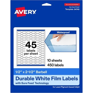 image:imageAvery Printable Durable White Barbell Labels Sure Feed Technology 05 x 25 Waterproof Labels Laser amp PigmentBased Inkjet Compatible 450 Total450 labels