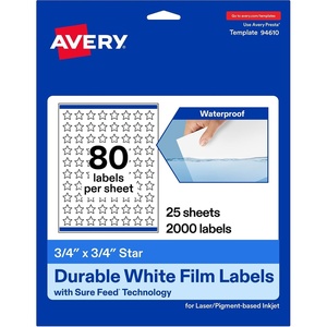 image:imageAvery Printable Durable White Star Labels Sure Feed Technology 075 x 075 PrinttotheEdge Waterproof Labels Laser amp PigmentBased Inkjet Compatible 800 Total2 000 labels