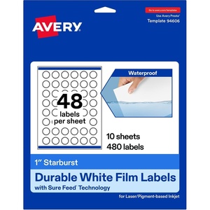 image:imageAvery Printable Durable White Starburst Labels Sure Feed Technology 1 PrinttotheEdge Waterproof Labels Laser amp PigmentBased Inkjet Compatible 480 Total480 labels