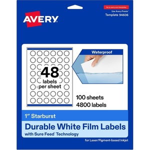 image:imageAvery Printable Durable White Starburst Labels Sure Feed Technology 1 PrinttotheEdge Waterproof Labels Laser amp PigmentBased Inkjet Compatible 480 Total4 800 labels