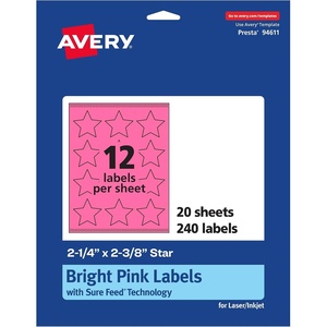 image:imageAvery Printable Star Labels Sure Feed Technology 214 x 238 Bright Pink Labels PrinttoTheEdge LaserInkjet 240 Total Great for Reward Stickers and Mailing Seals240 labels