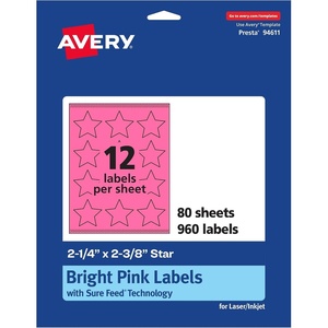 image:imageAvery Printable Star Labels Sure Feed Technology 214 x 238 Bright Pink Labels PrinttoTheEdge LaserInkjet 240 Total Great for Reward Stickers and Mailing Seals960 labels