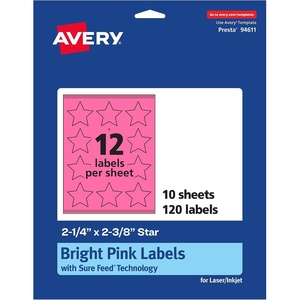 image:imageAvery Printable Star Labels Sure Feed Technology 214 x 238 Bright Pink Labels PrinttoTheEdge LaserInkjet 240 Total Great for Reward Stickers and Mailing Seals120 labels