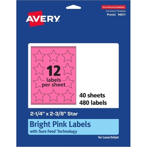 image:imageAvery Printable Star Labels Sure Feed Technology 214 x 238 Bright Pink Labels PrinttoTheEdge LaserInkjet 240 Total Great for Reward Stickers and Mailing Seals480 labels