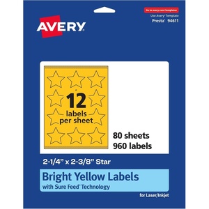 image:imageAvery Printable Star Labels Sure Feed Technology 214 x 238 Bright Yellow Labels PrinttoTheEdge LaserInkjet 120 Total Great for Reward Stickers and Mailing Seals960 labels