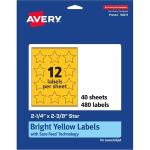 image:imageAvery Printable Star Labels Sure Feed Technology 214 x 238 Bright Yellow Labels PrinttoTheEdge LaserInkjet 120 Total Great for Reward Stickers and Mailing Seals480 labels