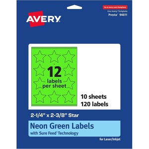 image:imageAvery Printable Star Labels Sure Feed Technology 214 x 238 Neon Green Labels PrinttotheEdge LaserInkjet 120 Total Great for Reward Stickers and Mailing Seals120 labels