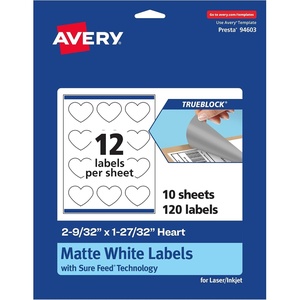 image:imageAvery TrueBlock Matte White Heart Labels Sure Feed Technology 2932 x 12732 120 Matte White Labels PrinttoTheEdge LaserInkjet Printable Great for Packaging and Product Merchandising120 labels