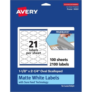 image:imageAvery TrueBlock Matte White Oval Scalloped Labels with Sure Feed 118 x 214 210 Matte White Labels PrinttoTheEdge LaserInkjet Printable Labels Great for Packaging and Product Labels2 100 labels
