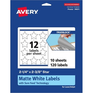 image:imageAvery TrueBlock Matte White Star Labels Sure Feed Technology 214 x 238 120 Matte White Labels PrinttoTheEdge LaserInkjet Printable Great for Making Stickers or Product Merchandising120 labels