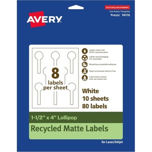 image:imageAvery EcoFriendly Matte White Recycled Lollipop Labels 15 x 4 PrinttoTheEdge Matte White Labels Permanent Adhesive LaserInkjet Printable 80 Total80 labels
