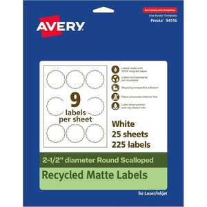 image:imageAvery EcoFriendly Matte White Recycled Round Scalloped Labels 25 Diameter PrinttoTheEdge Matte White Labels Permanent Adhesive LaserInkjet Printable 90 Total225 labels