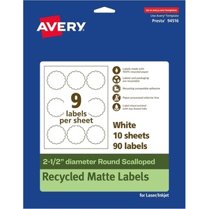 image:imageAvery EcoFriendly Matte White Recycled Round Scalloped Labels 25 Diameter PrinttoTheEdge Matte White Labels Permanent Adhesive LaserInkjet Printable 90 Total90 labels
