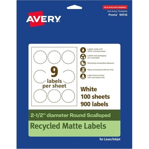 image:imageAvery EcoFriendly Matte White Recycled Round Scalloped Labels 25 Diameter PrinttoTheEdge Matte White Labels Permanent Adhesive LaserInkjet Printable 90 Total900 labels