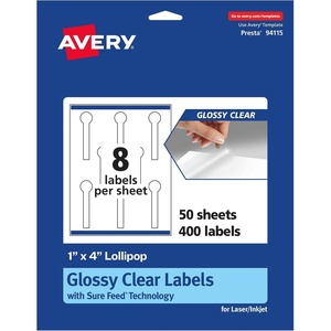image:imageAvery Glossy Clear Lollipop Labels Sure Feed Technology 1 x 4 80 Glossy Clear Labels PrinttoTheEdge LaserInkjet Printable400 labels