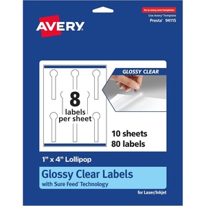 image:imageAvery Glossy Clear Lollipop Labels Sure Feed Technology 1 x 4 80 Glossy Clear Labels PrinttoTheEdge LaserInkjet Printable80 labels