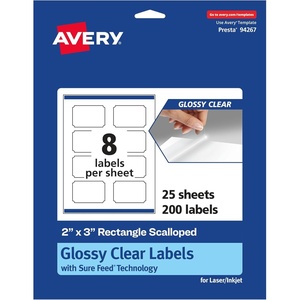 image:imageAvery Glossy Clear Rectangle Scalloped Labels Sure Feed Technology 2 x 3 80 Glossy Clear Labels PrinttoTheEdge LaserInkjet Printable200 labels