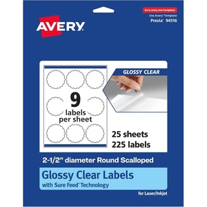 image:imageAvery Glossy Clear Round Scalloped Labels Sure Feed Technology 25 Diameter 225 Glossy Clear Labels PrinttoTheEdge LaserInkjet Printable225 labels