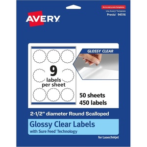 image:imageAvery Glossy Clear Round Scalloped Labels Sure Feed Technology 25 Diameter 225 Glossy Clear Labels PrinttoTheEdge LaserInkjet Printable450 labels