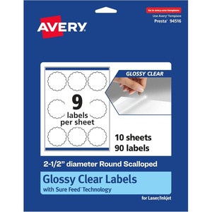 image:imageAvery Glossy Clear Round Scalloped Labels Sure Feed Technology 25 Diameter 225 Glossy Clear Labels PrinttoTheEdge LaserInkjet Printable90 labels