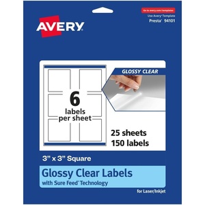 image:imageAvery Glossy Clear Square Labels Sure Feed Technology 3 x 3 30 Glossy Clear Labels PrintToTheEdge LaserInkjet Printable150 labels