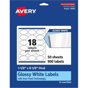 image:imageAvery Glossy White Oval Labels Sure Feed Technology 15 x 25 180 Glossy White Labels Permanent Adhesive LaserInkjet Printable900 labels