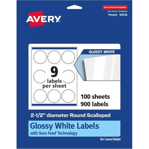 image:imageAvery Glossy White Round Scalloped Labels Sure Feed Technology 25 Diameter 90 Glossy White Labels PrinttoTheEdge Permanent Adhesive LaserInkjet Printable900 labels